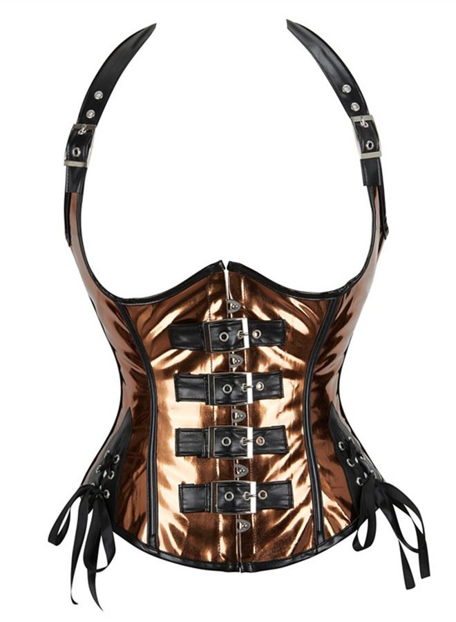 Shoulder Strap Hanging Neck PU Faux Leather Corset Brown