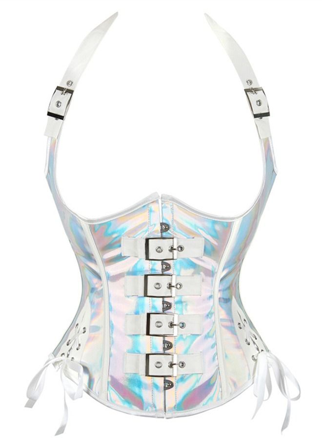 Shoulder Strap Hanging Neck PU Faux Leather Corset Silver