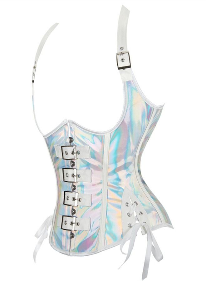 Shoulder Strap Hanging Neck PU Faux Leather Corset Silver