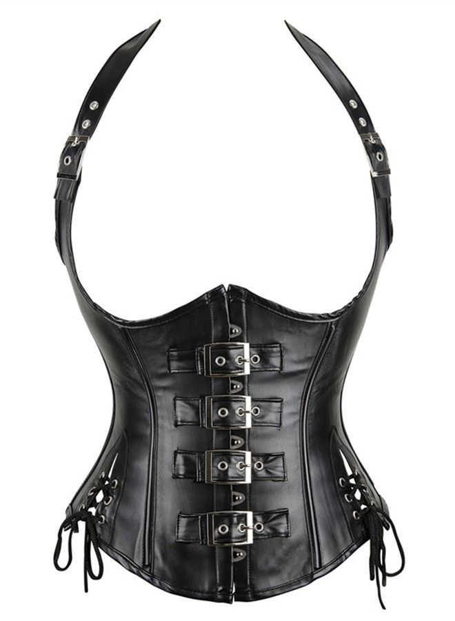 Shoulder Strap Hanging Neck PU Faux Leather Corset Black