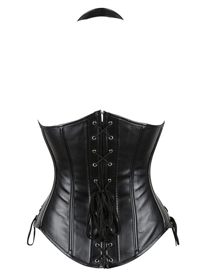 Shoulder Strap Hanging Neck PU Faux Leather Corset Black