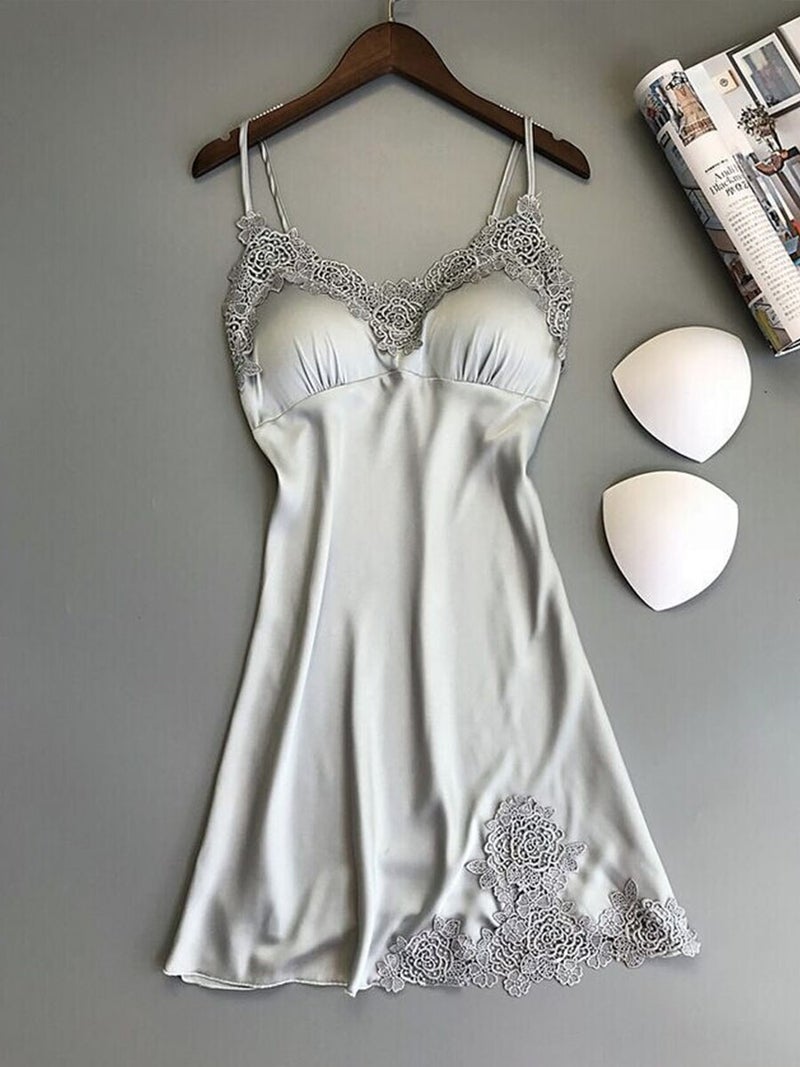 Deep V-Neck Ice Silk Babydoll Sleepwear Silver