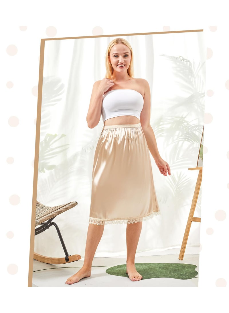 3 Pieces Women's Satin Half Slip for Under Dresses 3 Kinds of Length, Half Slips for Women Underskirt Short Long Skirt with Floral Lace Trim Lace Patchwork Lining Skirt (19/27/35Inch, champagne color)