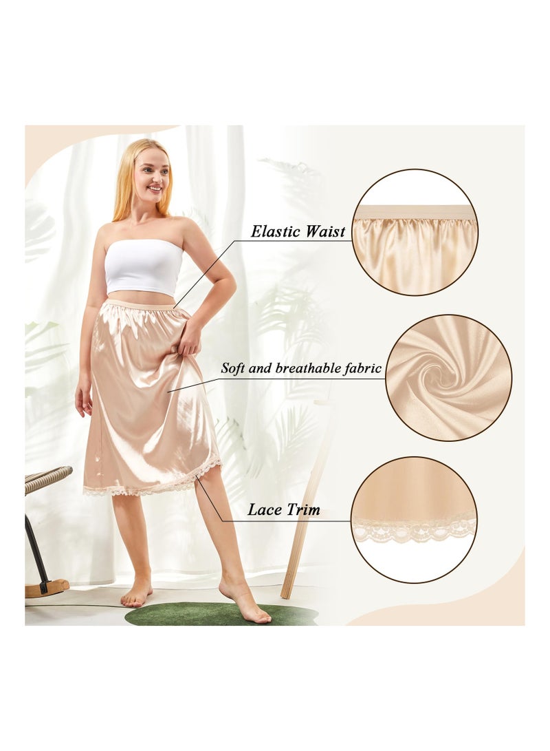 3 Pieces Women's Satin Half Slip for Under Dresses 3 Kinds of Length, Half Slips for Women Underskirt Short Long Skirt with Floral Lace Trim Lace Patchwork Lining Skirt (19/27/35Inch, champagne color)