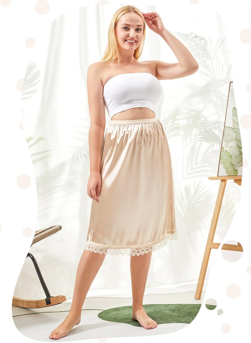 3 Pieces Women's Satin Half Slip for Under Dresses 3 Kinds of Length, Half Slips for Women Underskirt Short Long Skirt with Floral Lace Trim Lace Patchwork Lining Skirt (19/27/35Inch, champagne color)
