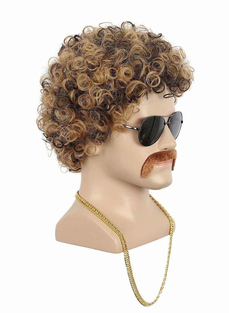 Short Curly Afro Mens Wig, 60s 70s Disco Dirt Bag Wig with Mustache Set California Costume Cosplay Halloween Party Fashion