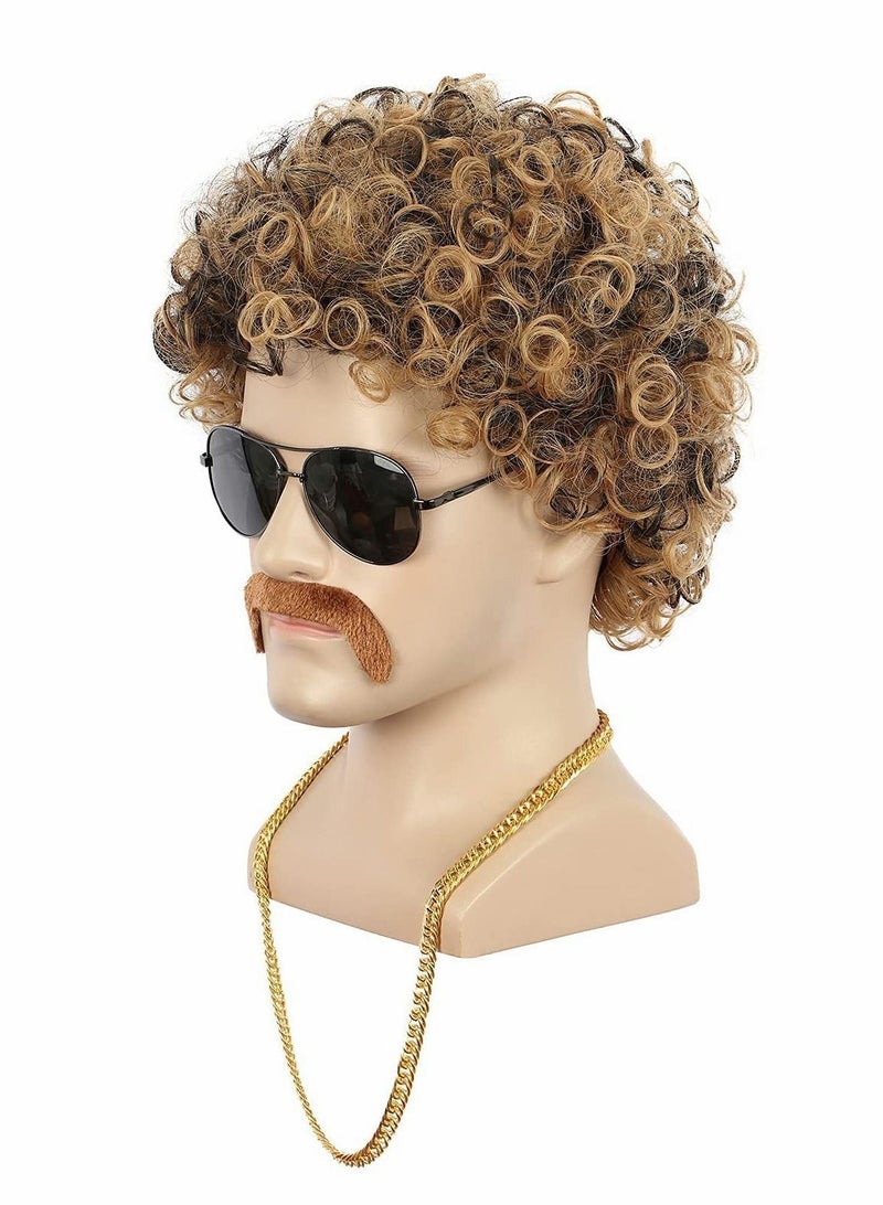 Short Curly Afro Mens Wig, 60s 70s Disco Dirt Bag Wig with Mustache Set California Costume Cosplay Halloween Party Fashion