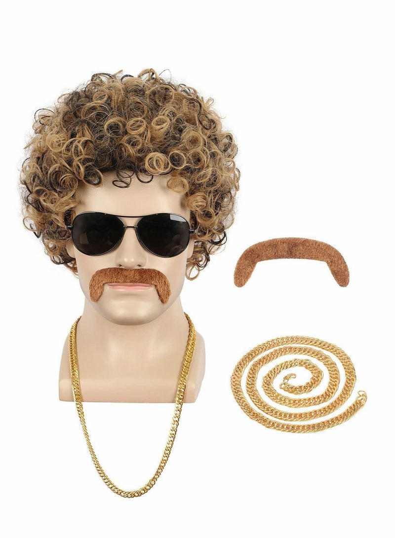 Short Curly Afro Mens Wig, 60s 70s Disco Dirt Bag Wig with Mustache Set California Costume Cosplay Halloween Party Fashion