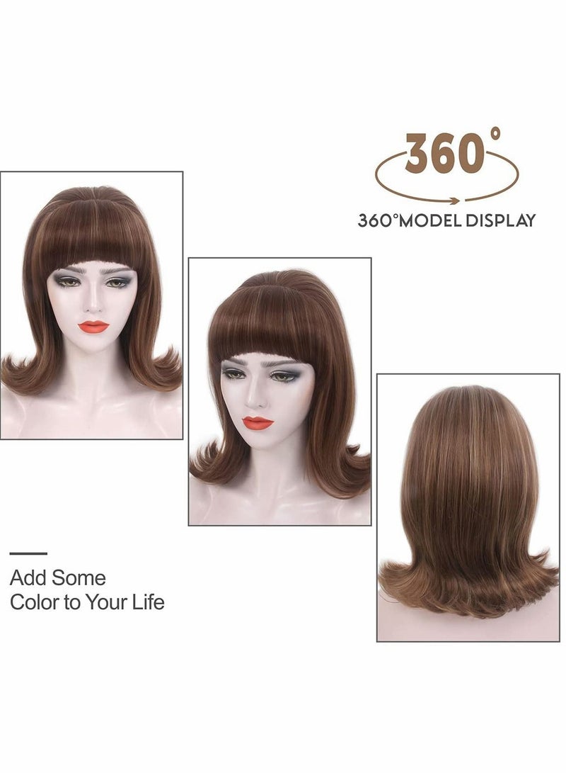 Brown Wig with Bangs, 60s Retro Beehive Wigs for Women, 70s Classic Style Cosplay With Bang
