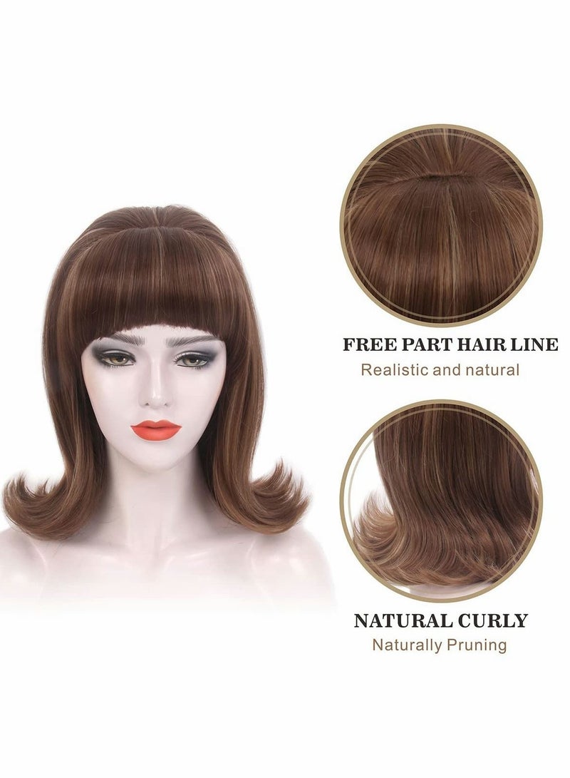 Brown Wig with Bangs, 60s Retro Beehive Wigs for Women, 70s Classic Style Cosplay With Bang