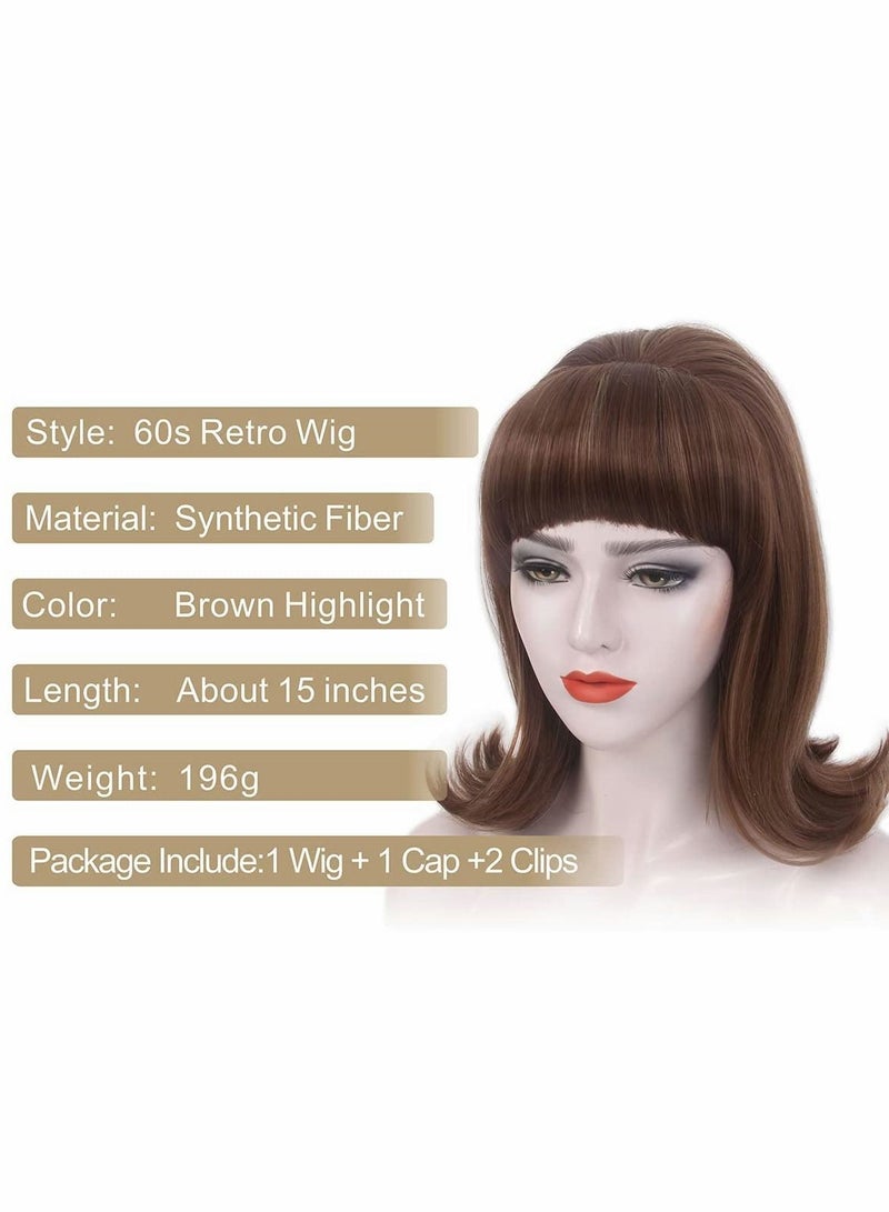 Brown Wig with Bangs, 60s Retro Beehive Wigs for Women, 70s Classic Style Cosplay With Bang