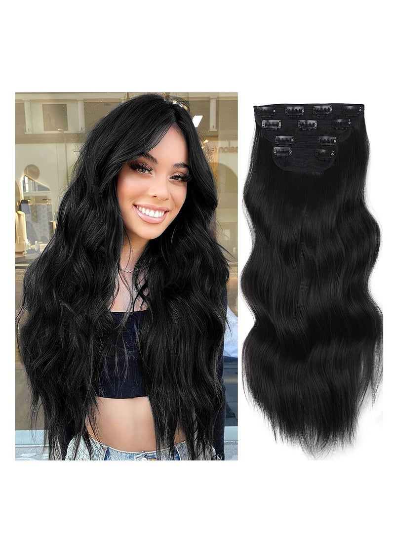 Clip in Long Soft Glam Waves Thick Hairpieces Black Hair Extensions Synthetic Fiber Double Weft, Extension for Women Natural Full Head 4PCS