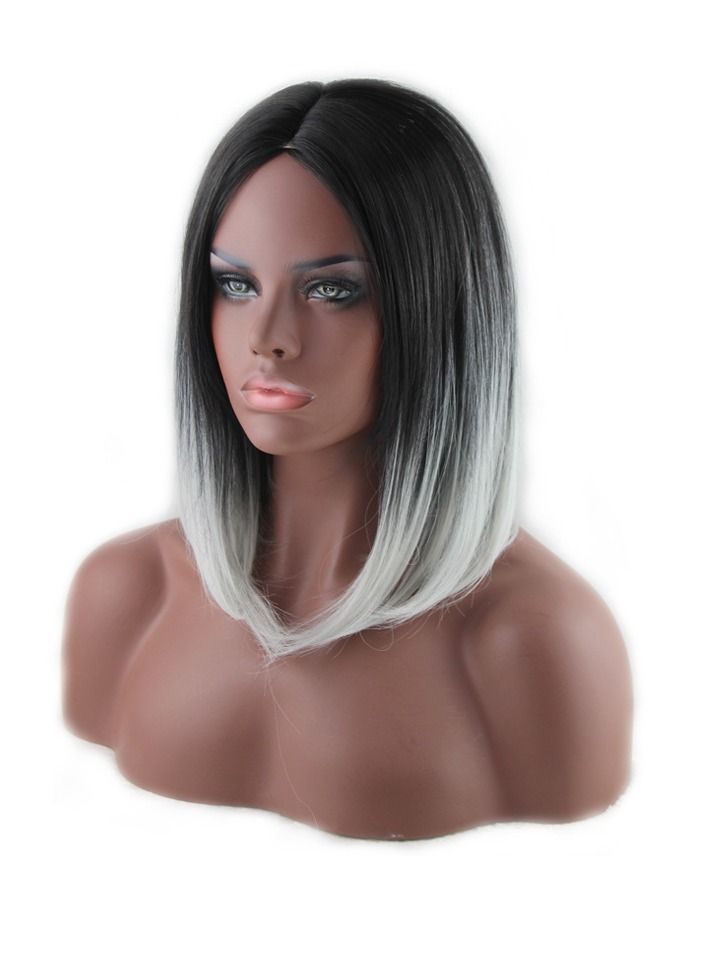 Dark Roots Highlights Bob Wigs, Short Straight Ombre Synthetic Hair Wigs for Women