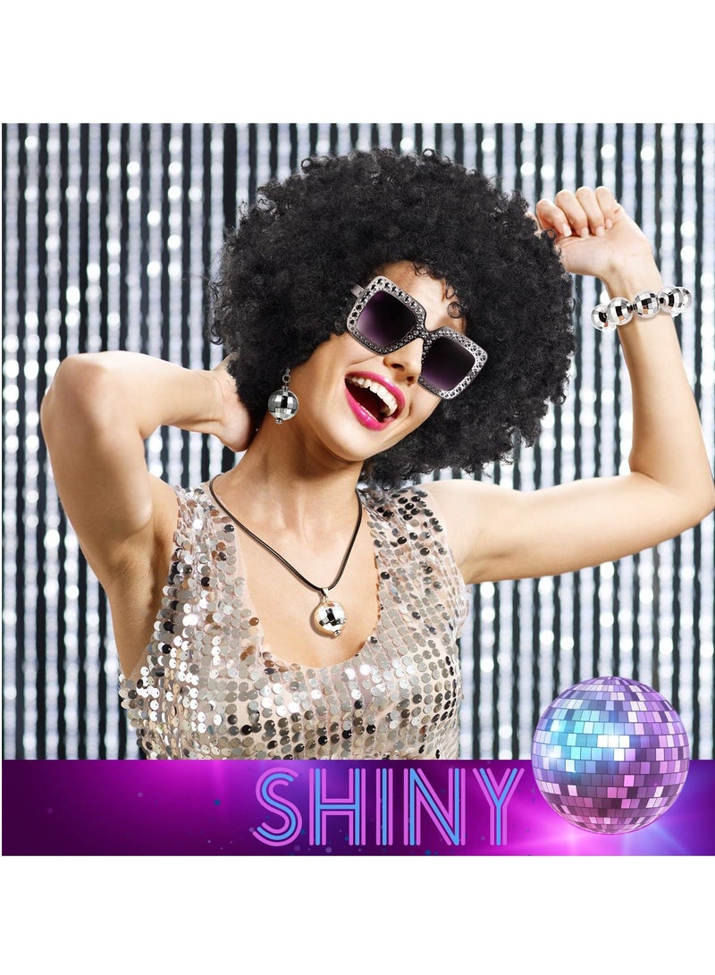 1970s Disco Accessories Set, 5 Pcs Costumes Afro Wig Ball Earrings Necklace Bracelet and Sunglasses for Women Daily (Black + Silver)