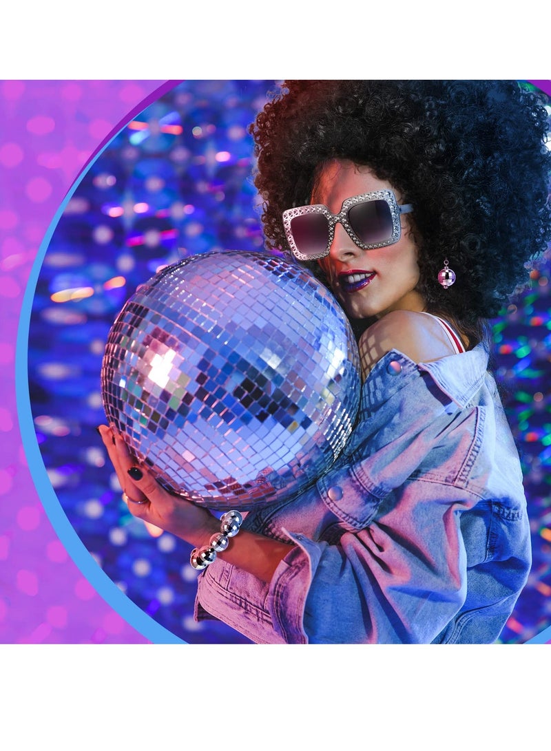 1970s Disco Accessories Set, 5 Pcs Costumes Afro Wig Ball Earrings Necklace Bracelet and Sunglasses for Women Daily (Black + Silver)