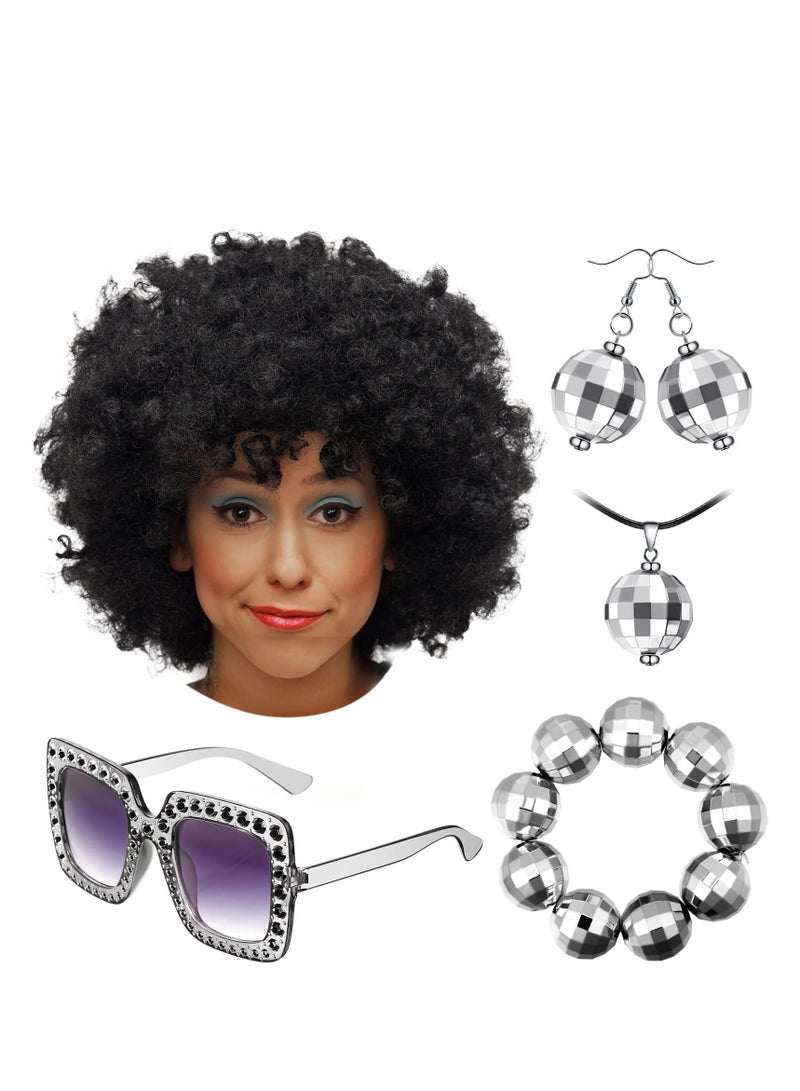 1970s Disco Accessories Set, 5 Pcs Costumes Afro Wig Ball Earrings Necklace Bracelet and Sunglasses for Women Daily (Black + Silver)