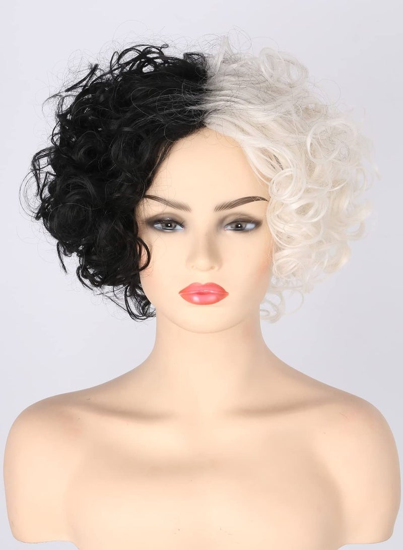 Curly Wig, Black White Bicolor, Short Wavy Hair, Cos Witch Cruella de Vil Wig Suitable for Carnival Parties and Cosplay Party Costume Accessories