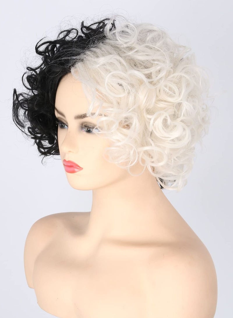 Curly Wig, Black White Bicolor, Short Wavy Hair, Cos Witch Cruella de Vil Wig Suitable for Carnival Parties and Cosplay Party Costume Accessories