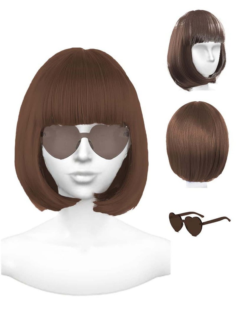 Featured Wigs with Party Sunglasses, Makeup Kit, Color Bob Wig, Cosplay and Wigs, Decorations Favors (Brown)