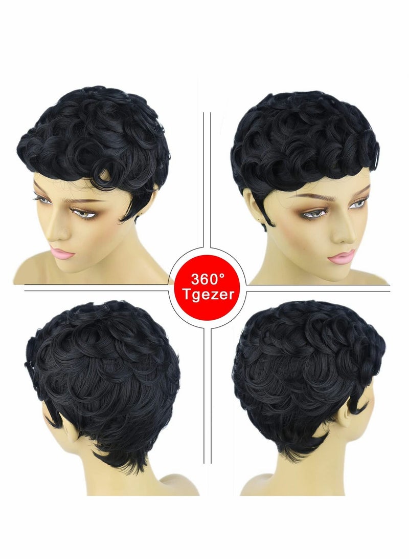 Black Short Wavy Hair Wigs, Curly Pixie Cut Wigs with Bangs Fluffy Natural Daily Wig Heat Resistant Synthetic Fiber