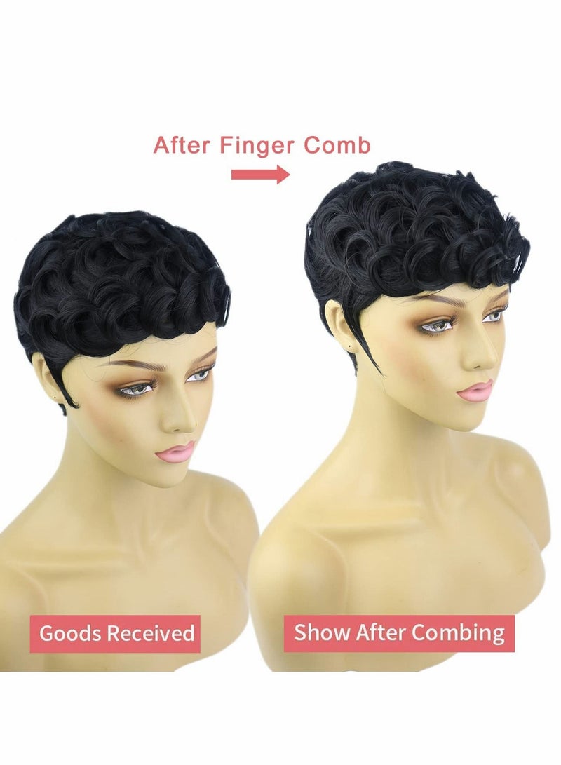 Black Short Wavy Hair Wigs, Curly Pixie Cut Wigs with Bangs Fluffy Natural Daily Wig Heat Resistant Synthetic Fiber