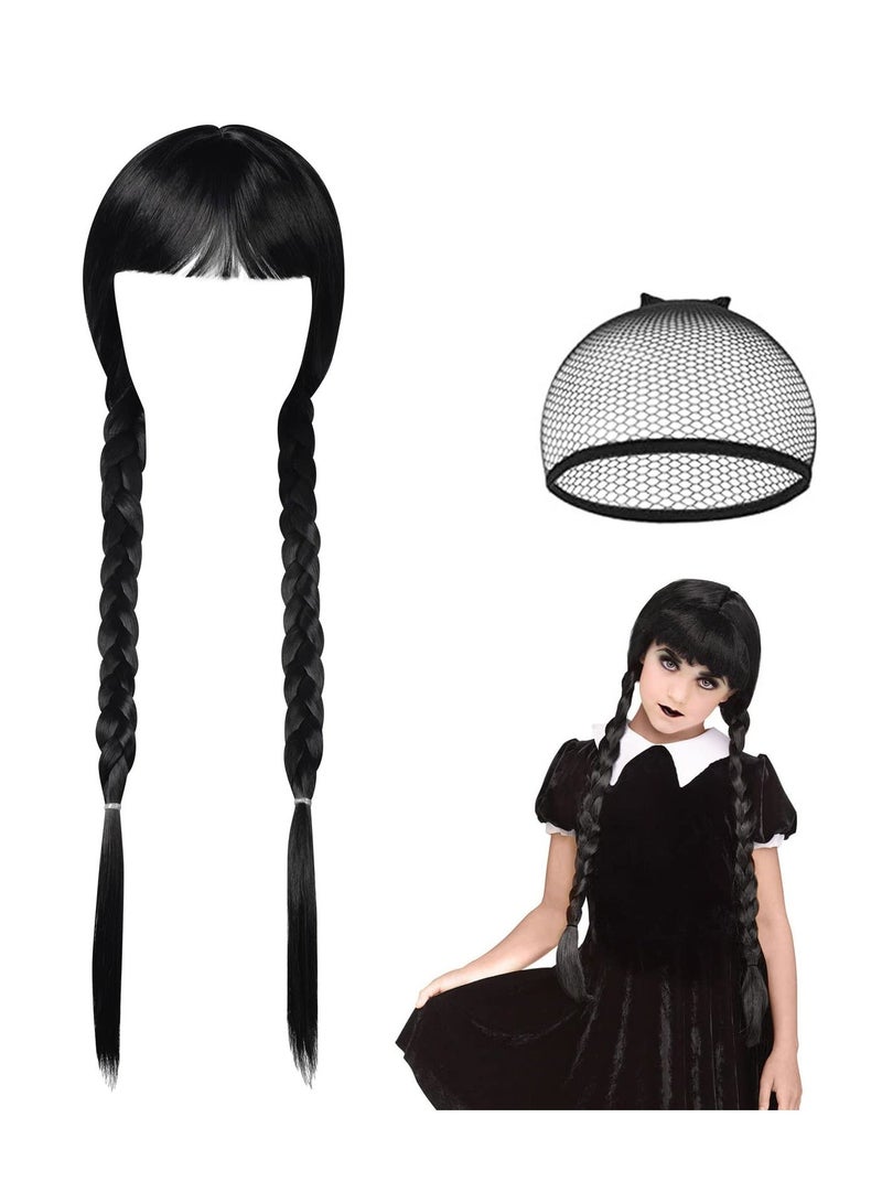 Long Plaited Wig With Bang Fringe for Women Ladies Synthetic Full Hair Natural Black Brunette with Bangs Cosplay Costume or Daily Life