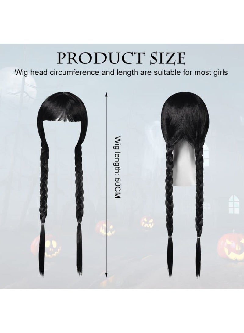 Long Plaited Wig With Bang Fringe for Women Ladies Synthetic Full Hair Natural Black Brunette with Bangs Cosplay Costume or Daily Life
