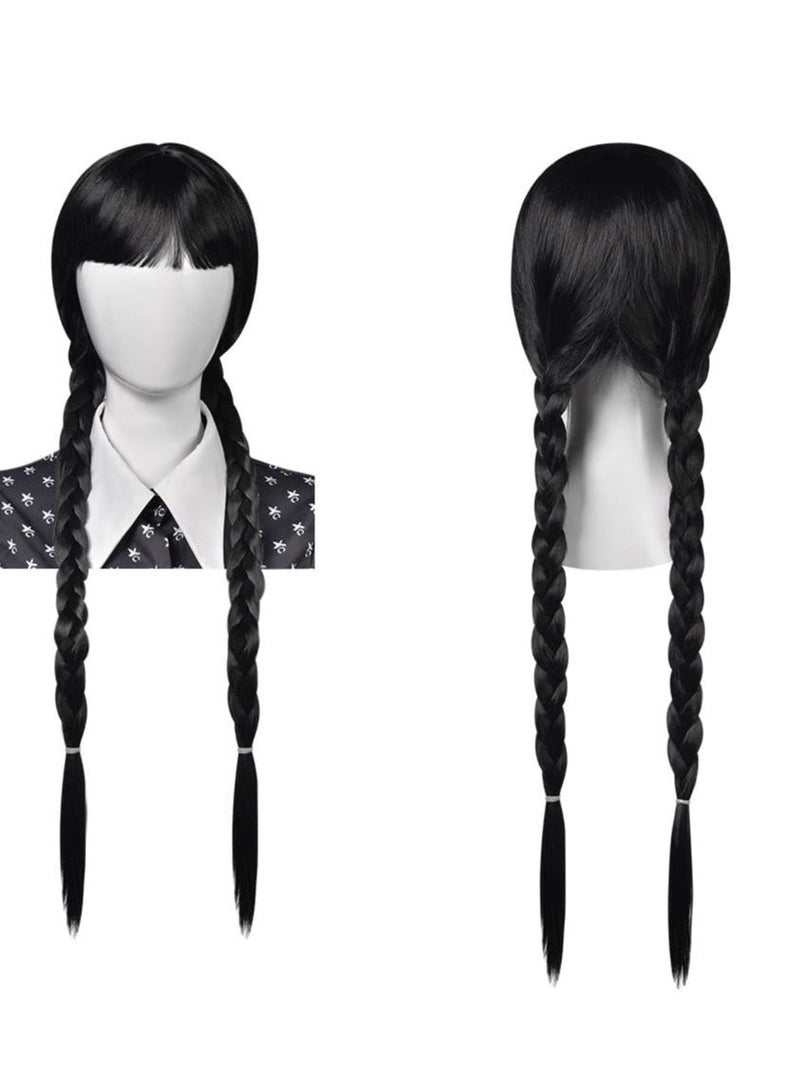 Long Plaited Wig With Bang Fringe for Women Ladies Synthetic Full Hair Natural Black Brunette with Bangs Cosplay Costume or Daily Life