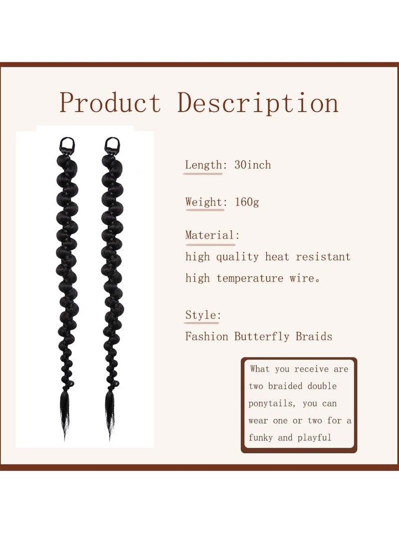 Braided Ponytail Extension, 2 Pcs Fashion Style Twist Butterfly with Hair Tie, Natural Soft Synthetic Straight Wrap Around Extensions for Women Daily Wear (70cm, Black)