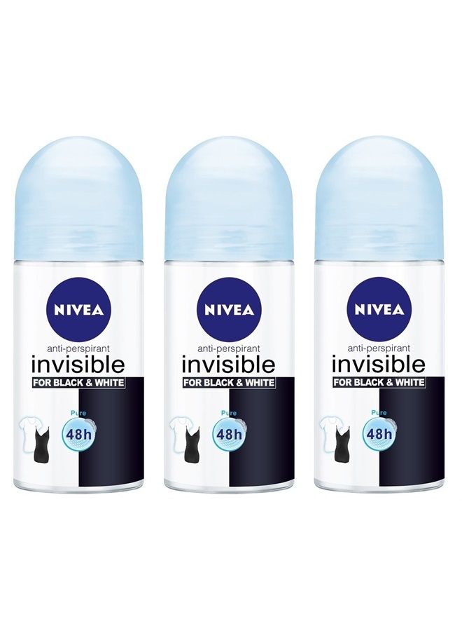 (Pack of 3 Bottles) Nivea INVISIBLE FOR BLACK & WHITE PURE Women's Roll On Anti-perspirant Deodorant (Pack of 3 Bottles, 1.7oz / 50ml Each Bottle)