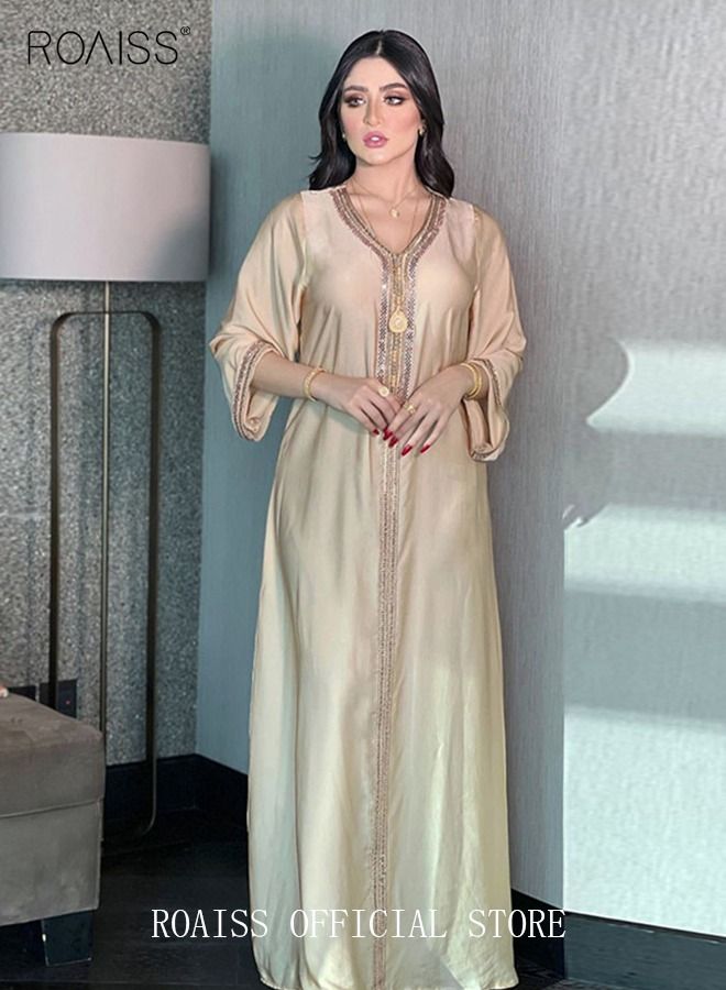 Women Luxury V-neck Rhinestone Robe Maxi Dresses Exclusive Styles Modern Stylish Abaya Middle East Arabic Banquet Wedding Party Dress Women's Festival Clothing Beige