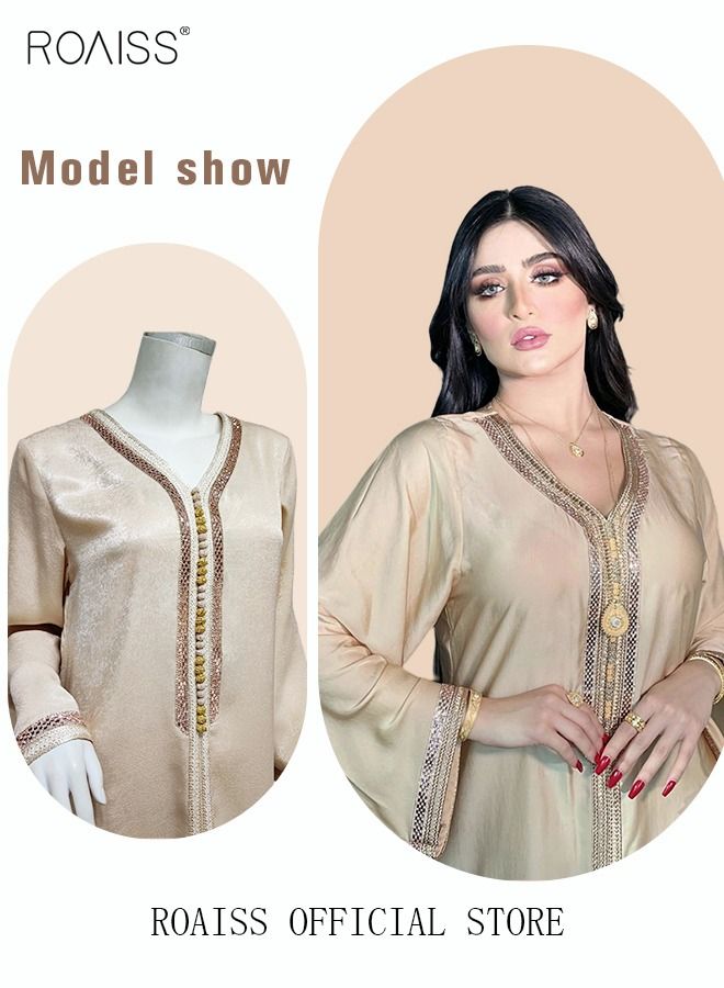 Women Luxury V-neck Rhinestone Robe Maxi Dresses Exclusive Styles Modern Stylish Abaya Middle East Arabic Banquet Wedding Party Dress Women's Festival Clothing Beige