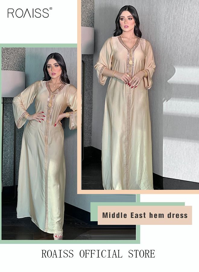 Women Luxury V-neck Rhinestone Robe Maxi Dresses Exclusive Styles Modern Stylish Abaya Middle East Arabic Banquet Wedding Party Dress Women's Festival Clothing Beige