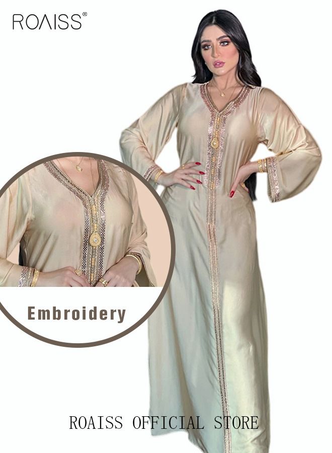 Women Luxury V-neck Rhinestone Robe Maxi Dresses Exclusive Styles Modern Stylish Abaya Middle East Arabic Banquet Wedding Party Dress Women's Festival Clothing Beige