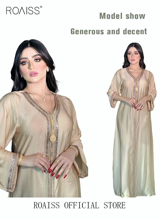 Women Luxury V-neck Rhinestone Robe Maxi Dresses Exclusive Styles Modern Stylish Abaya Middle East Arabic Banquet Wedding Party Dress Women's Festival Clothing Beige