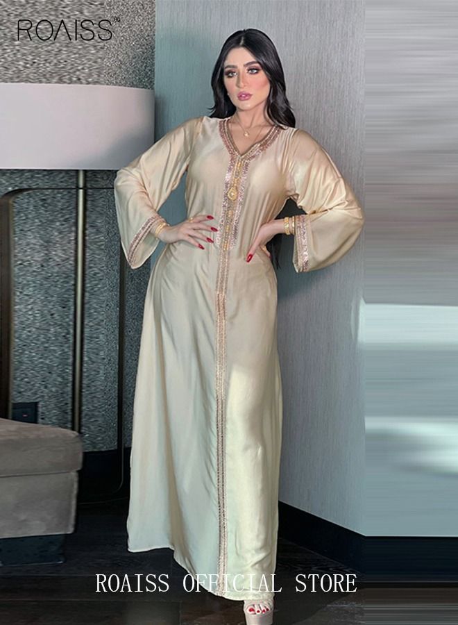 Women Luxury V-neck Rhinestone Robe Maxi Dresses Exclusive Styles Modern Stylish Abaya Middle East Arabic Banquet Wedding Party Dress Women's Festival Clothing Beige