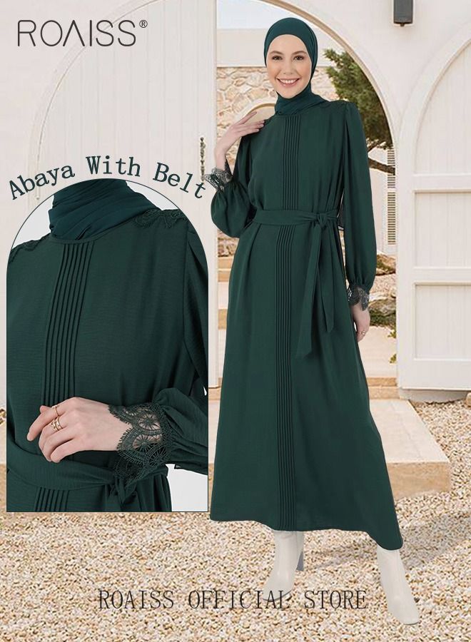 Women's A-Line Dress with Waistband Slim Lace Cuffs Splicing Round Neck Long-Sleeved Abaya Dress for Ladies Olive Green Color