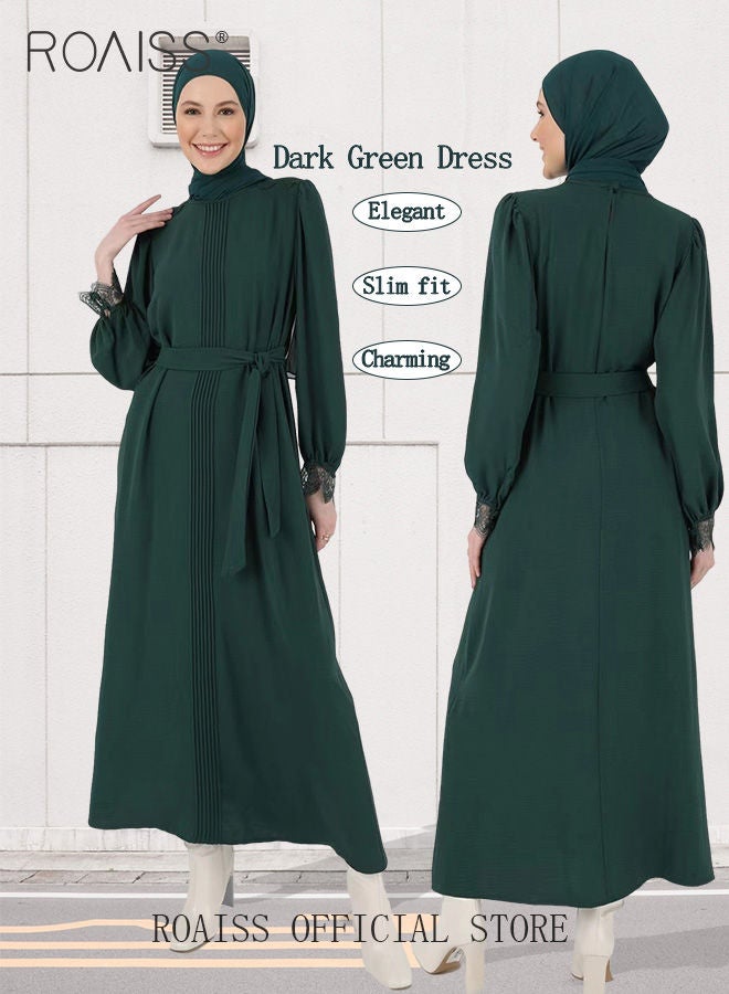 Women's A-Line Dress with Waistband Slim Lace Cuffs Splicing Round Neck Long-Sleeved Abaya Dress for Ladies Olive Green Color