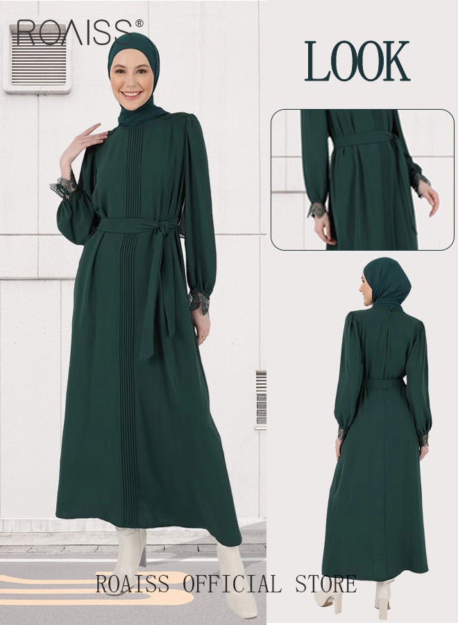 Women's A-Line Dress with Waistband Slim Lace Cuffs Splicing Round Neck Long-Sleeved Abaya Dress for Ladies Olive Green Color