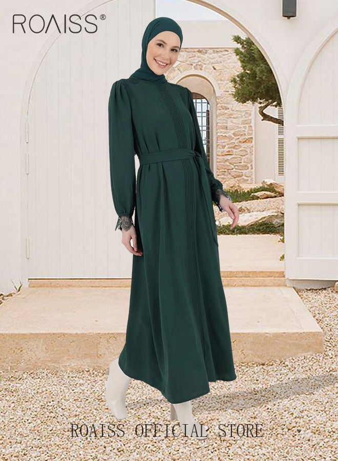 Women's A-Line Dress with Waistband Slim Lace Cuffs Splicing Round Neck Long-Sleeved Abaya Dress for Ladies Olive Green Color