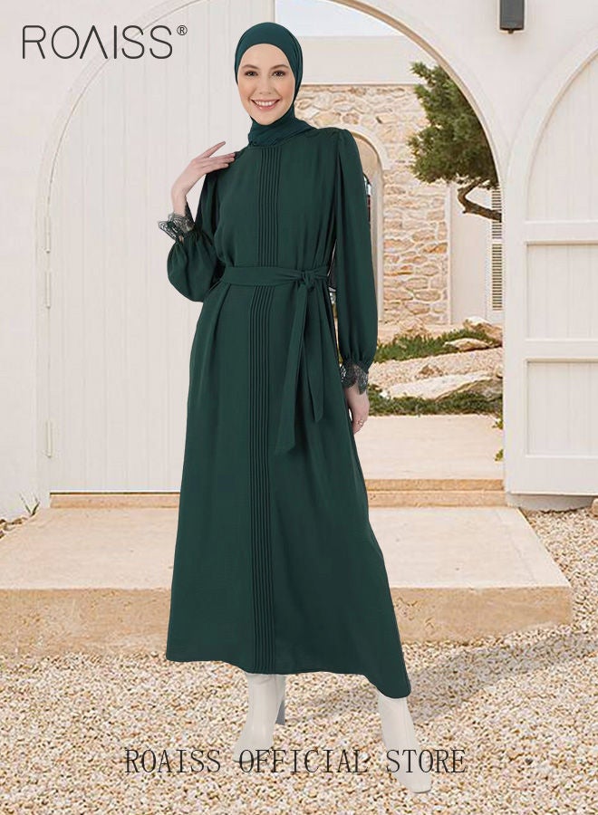 Women's A-Line Dress with Waistband Slim Lace Cuffs Splicing Round Neck Long-Sleeved Abaya Dress for Ladies Olive Green Color