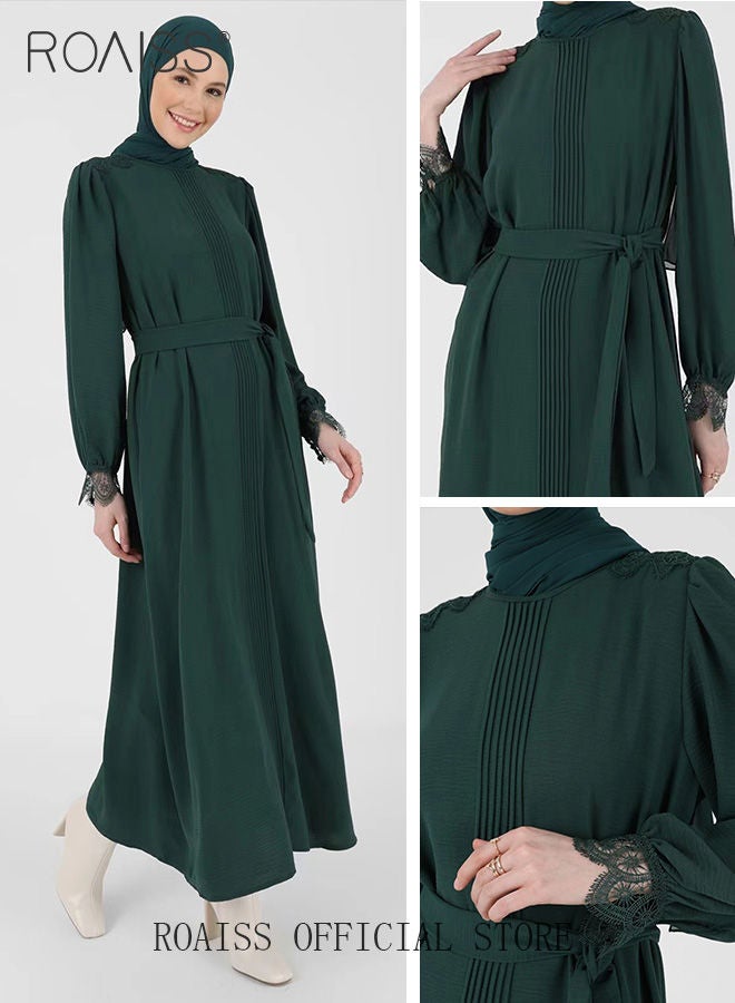 Women's A-Line Dress with Waistband Slim Lace Cuffs Splicing Round Neck Long-Sleeved Abaya Dress for Ladies Olive Green Color