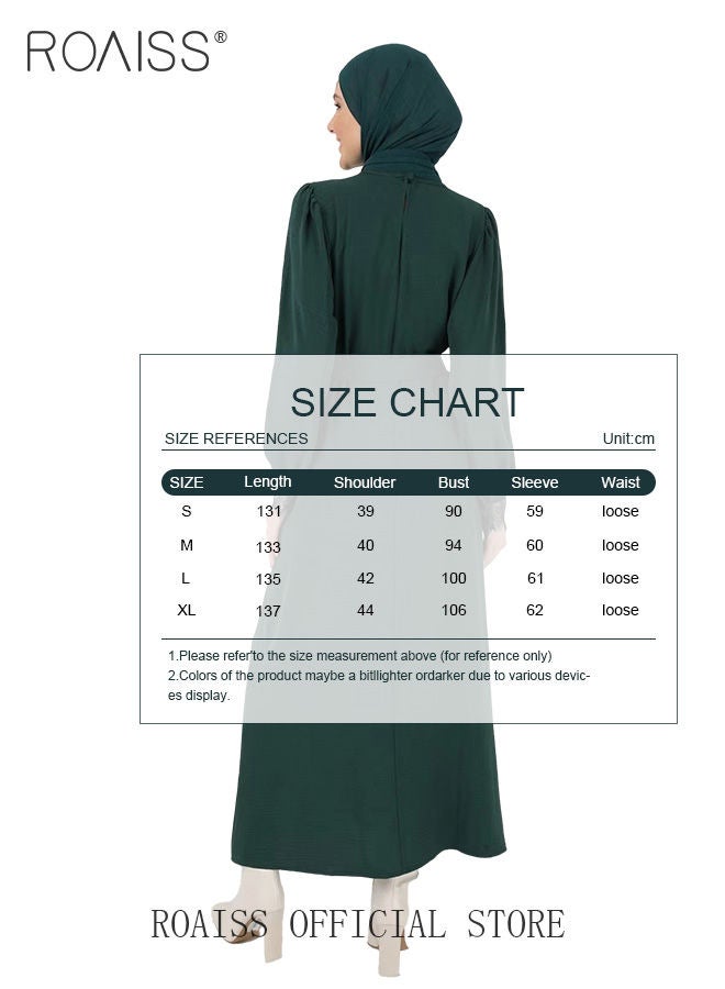 Women's A-Line Dress with Waistband Slim Lace Cuffs Splicing Round Neck Long-Sleeved Abaya Dress for Ladies Olive Green Color