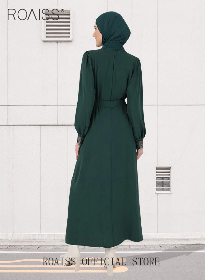 Women's A-Line Dress with Waistband Slim Lace Cuffs Splicing Round Neck Long-Sleeved Abaya Dress for Ladies Olive Green Color