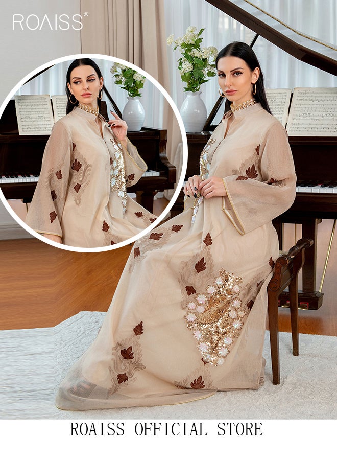 Women Luxury Stand Collar Bead Embroidered Robe Maxi Dresses Exclusive Styles Modern Stylish Abaya Middle East Arabic Banquet Wedding Party Dress Women's Festival Clothing Beige