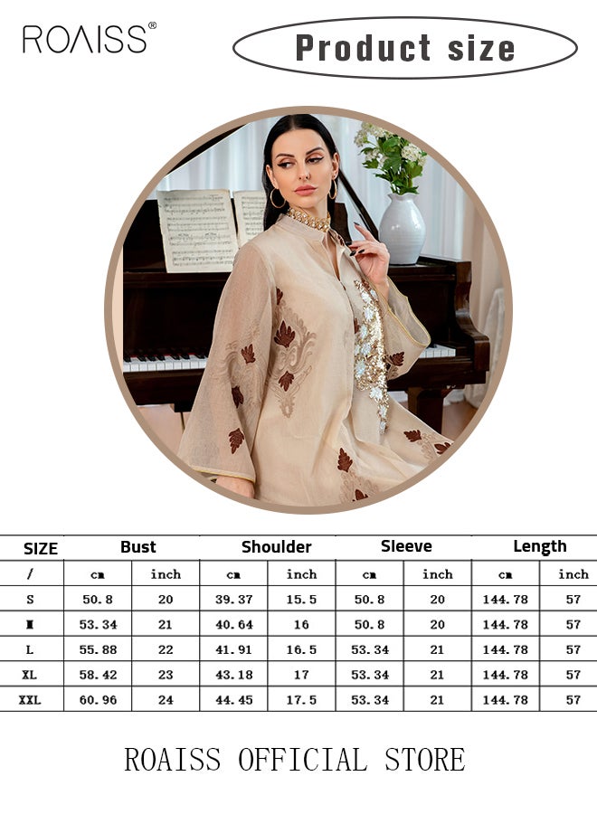 Women Luxury Stand Collar Bead Embroidered Robe Maxi Dresses Exclusive Styles Modern Stylish Abaya Middle East Arabic Banquet Wedding Party Dress Women's Festival Clothing Beige