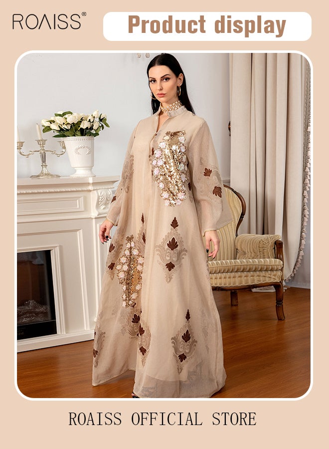 Women Luxury Stand Collar Bead Embroidered Robe Maxi Dresses Exclusive Styles Modern Stylish Abaya Middle East Arabic Banquet Wedding Party Dress Women's Festival Clothing Beige