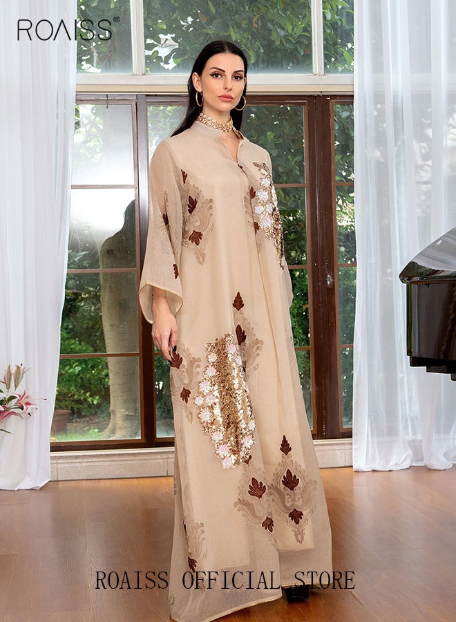 Women Luxury Stand Collar Bead Embroidered Robe Maxi Dresses Exclusive Styles Modern Stylish Abaya Middle East Arabic Banquet Wedding Party Dress Women's Festival Clothing Beige