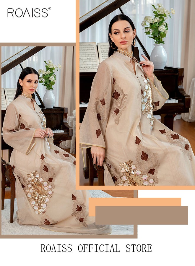 Women Luxury Stand Collar Bead Embroidered Robe Maxi Dresses Exclusive Styles Modern Stylish Abaya Middle East Arabic Banquet Wedding Party Dress Women's Festival Clothing Beige