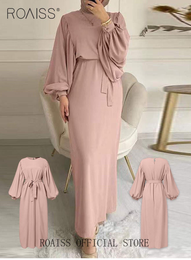 Abaya with Belt for Women Ladies Long Sleeve Dress Classic Style Lantern Sleeve Tunic Round Neck Casual Elegant Dress for Daily Outfit